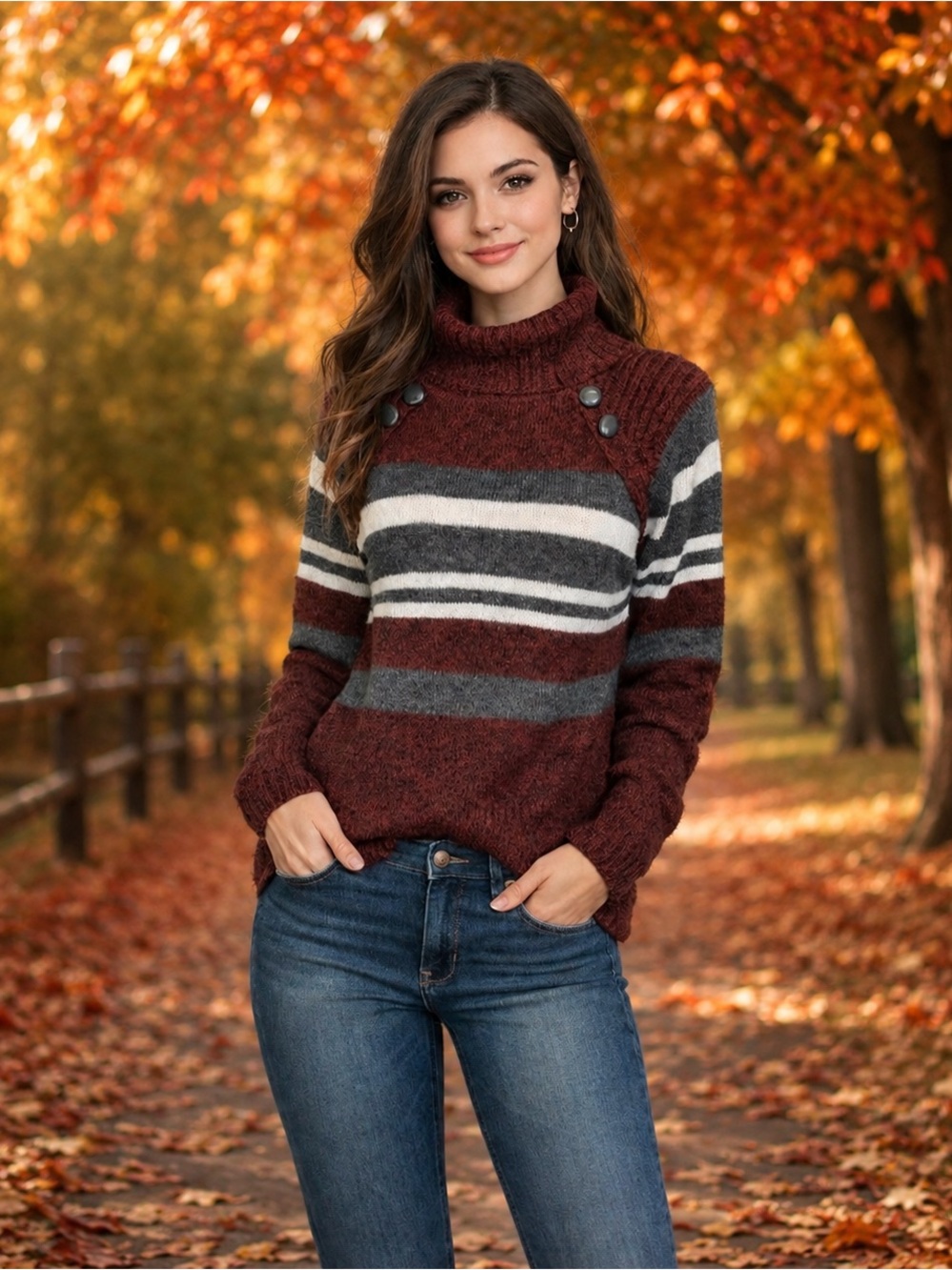 Burgundy Gray Striped Turtleneck Sweater Button Shoulder Knit Pullover PTP 19